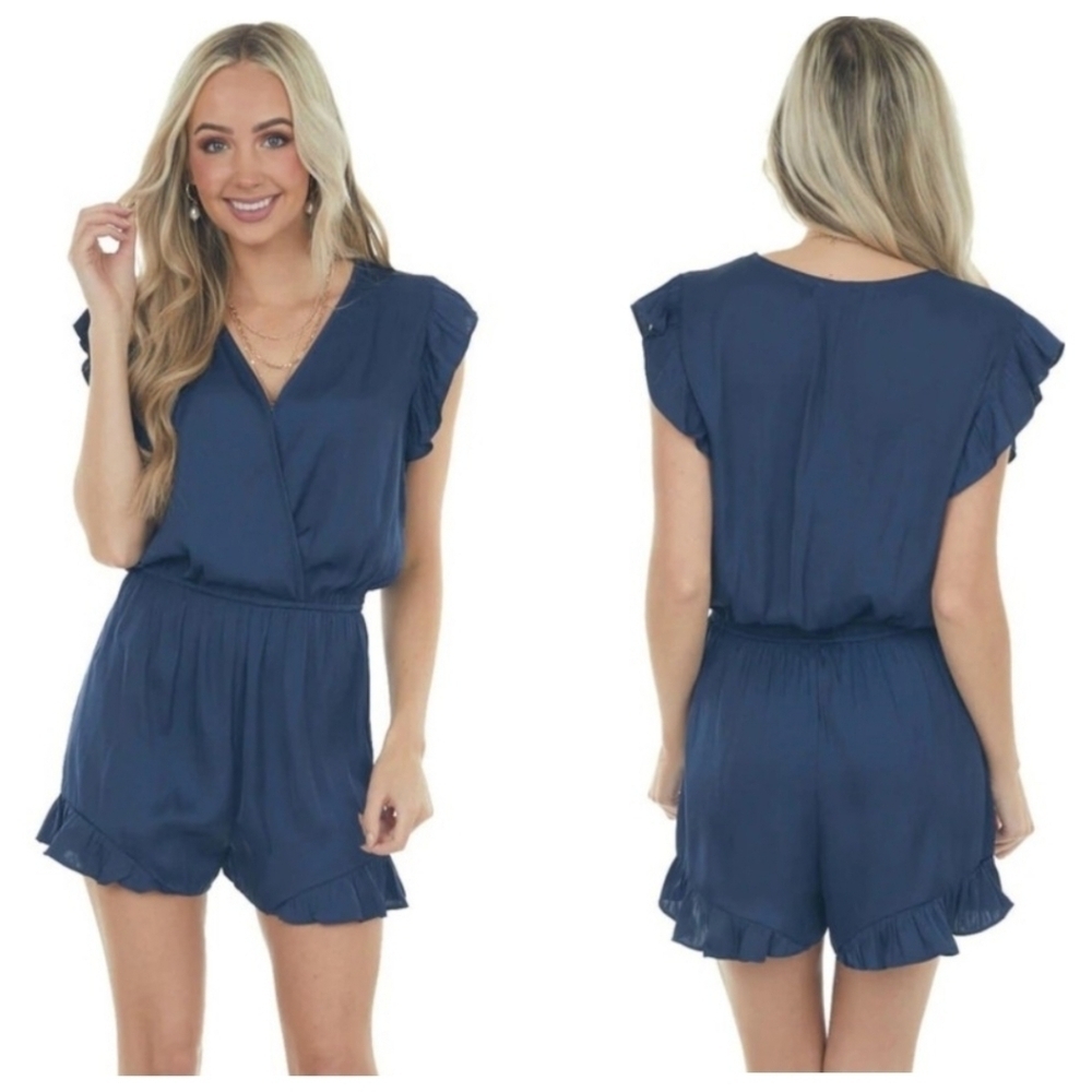 Umgee Navy Blue Ruffle Sleeve Romper